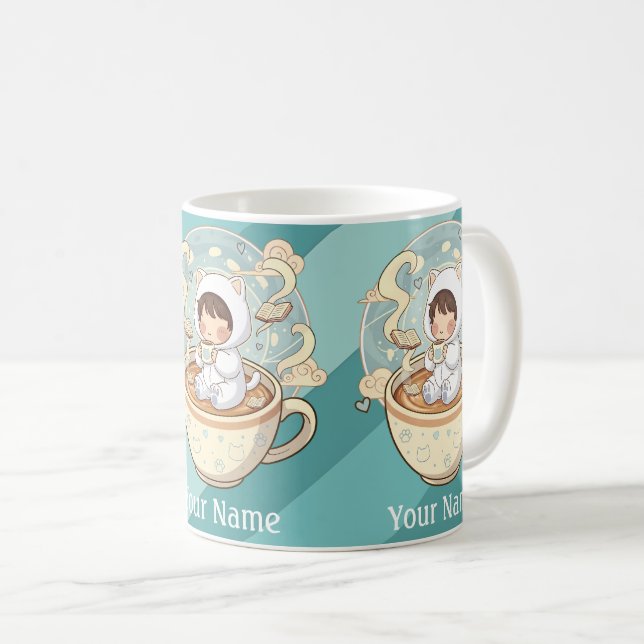 Your Name Cat Coffee Mug Gift for Book Readers (Front Right)