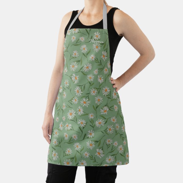 Your Name Chamomile Flowers Pattern on Sage Green Apron (Insitu)