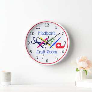 Your name, craft room, with crafting items, clock