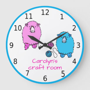 Your name, craft room, with cute, fluffy sheep large clock