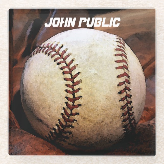 Your Name Custom Baseball Artwork Glass Coaster (Front)