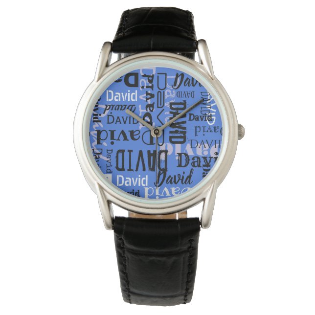 YOUR NAME Customizable Black Blue Watch (Front)