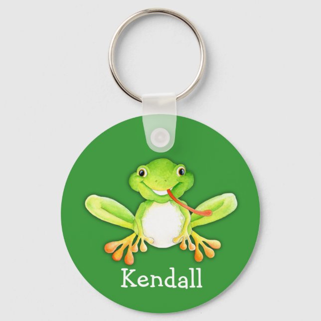 Your name cute fun frog green keychain (Front)