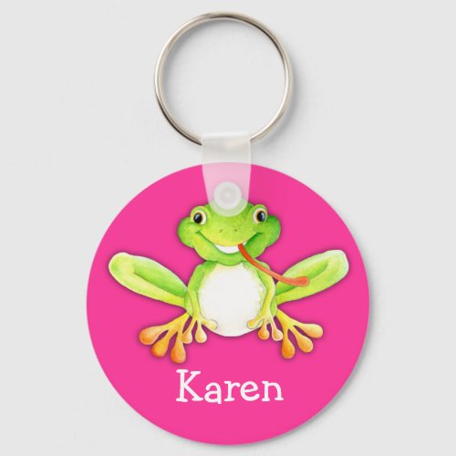 Your name cute fun frog pink green keychain