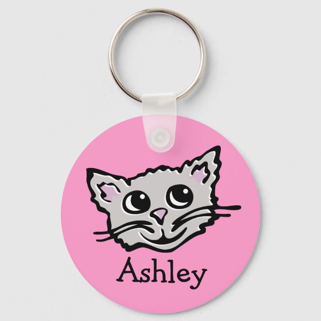 Your name cute kids graphic cat pink grey keychain (Front)