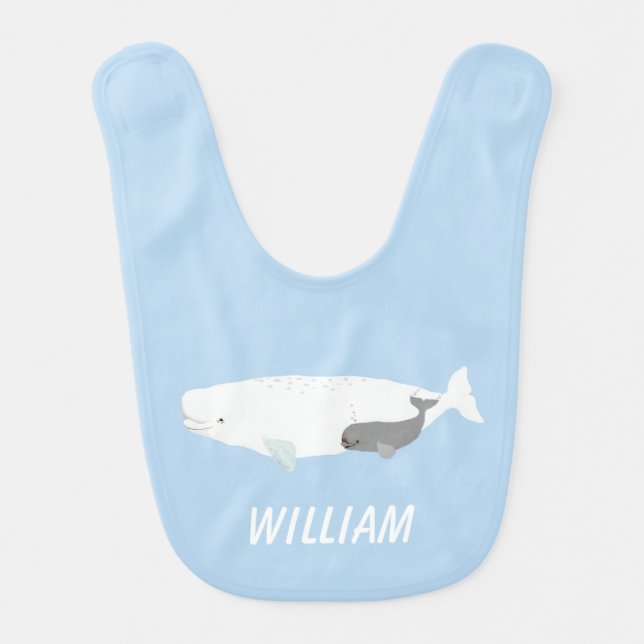 Your Name cute nursery beluga whale blue boy  Baby Bib (Front)