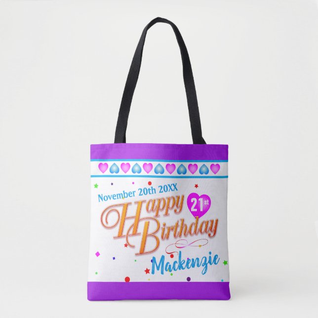 Your Name Date and AGE on Happy Birthday 2 Sided Tote Bag (Front)