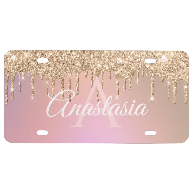 Your Name Drip Glitter Rose Gold License Plate (Front)