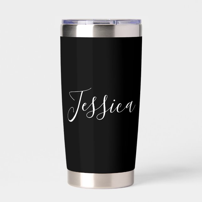 Your Name | Elegant Editable White Script on Black Insulated Tumbler (Front)