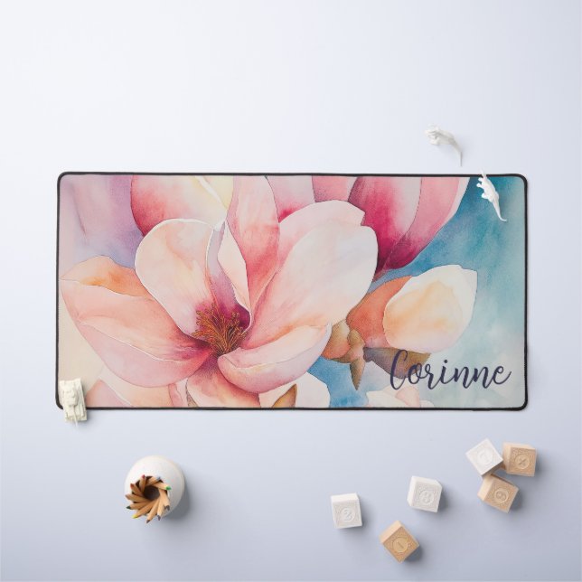 Your Name Elegant Pink Magnolia Blossoms Desk Mat (Kids Table)