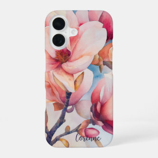 Your Name Elegant Pink Magnolia Blossoms iPhone 16 Case