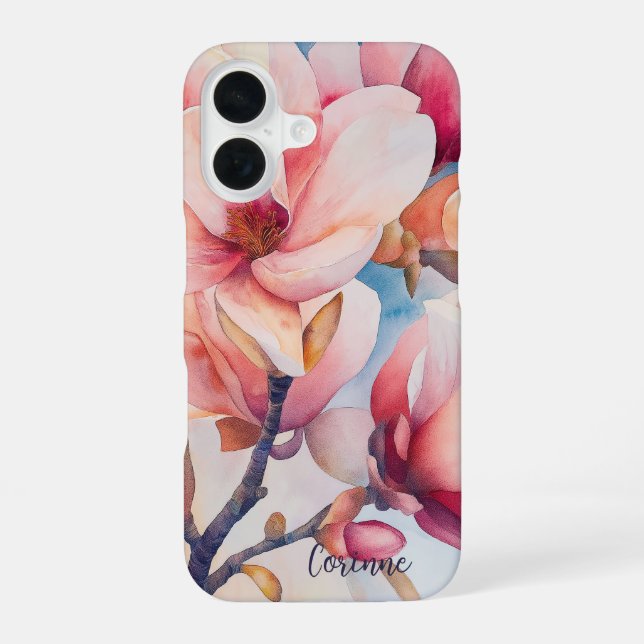 Your Name Elegant Pink Magnolia Blossoms iPhone Case (Back)