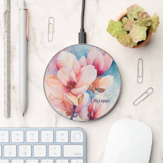 Your Name Elegant Pink Magnolia Blossoms Wireless Charger