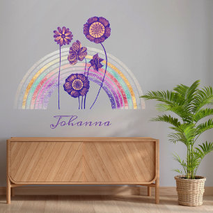 Your Name Elegant Vintage Flowers & Pastel Rainbow Wall Decal
