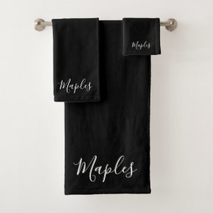 Your Name Elegant White Script on Black Bath Towel Set