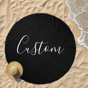 Your Name Elegant White Script on Black Beach Towel
