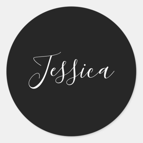 Your Name  Elegant White Script on Black Classic Round Sticker