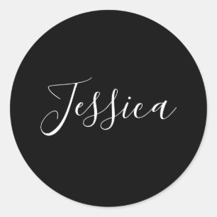 Your Name   Elegant White Script on Black Classic Round Sticker