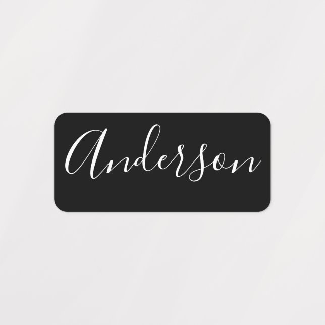 Your Name | Elegant White Script on Black Clothing Labels (Design 1)