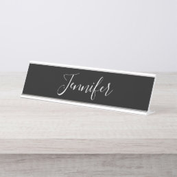 Your Name | Elegant White Script on Black Desk Name Plate