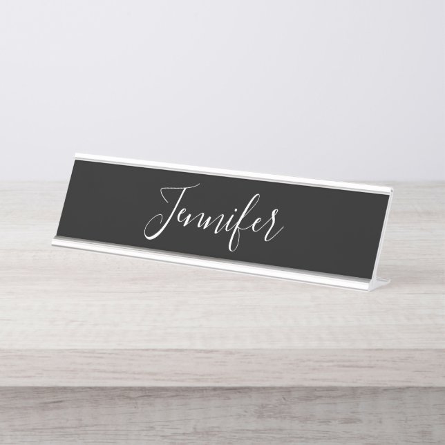 Your Name | Elegant White Script on Black Desk Name Plate (Front)