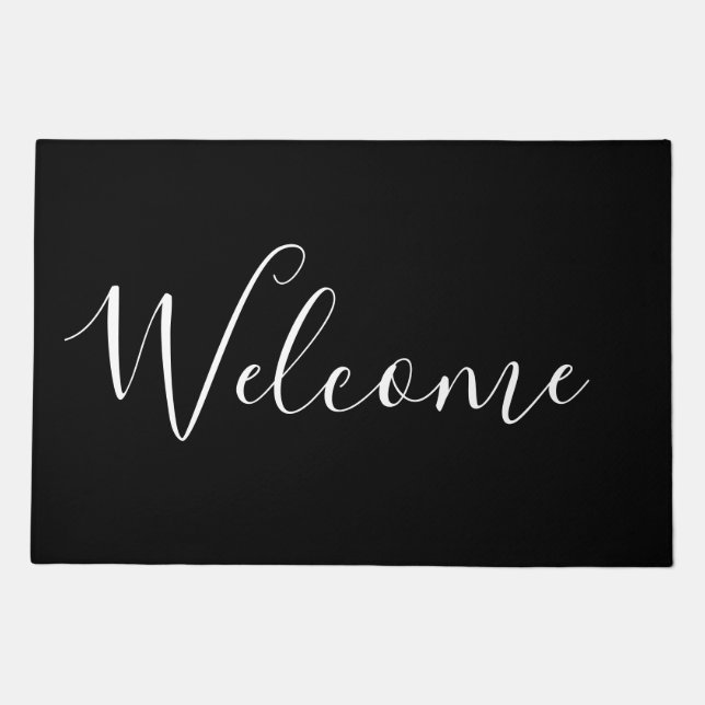 Your Name | Elegant White Script on Black Doormat (Front)