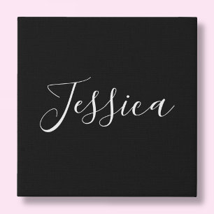 Your Name   Elegant White Script on Black Faux Canvas Print