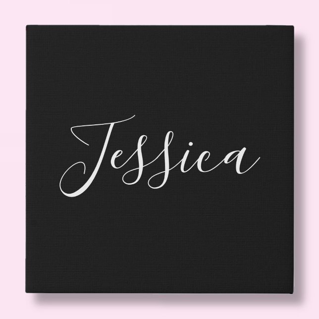 Your Name | Elegant White Script on Black Faux Canvas Print (Creator Uploaded)