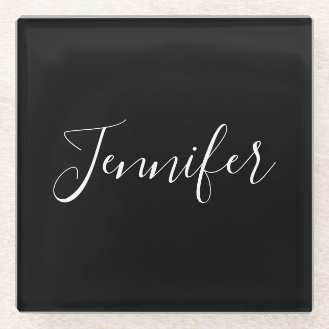 Your Name | Elegant White Script on Black Glass Coaster (Front)