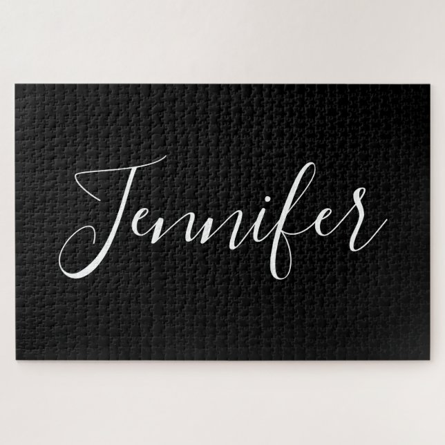 Your Name | Elegant White Script on Black Jigsaw Puzzle (Horizontal)