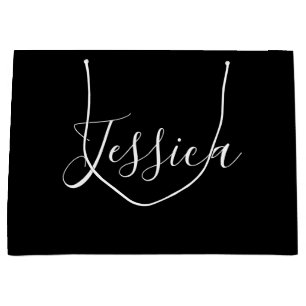 Your Name   Elegant White Script on Black Large Gift Bag