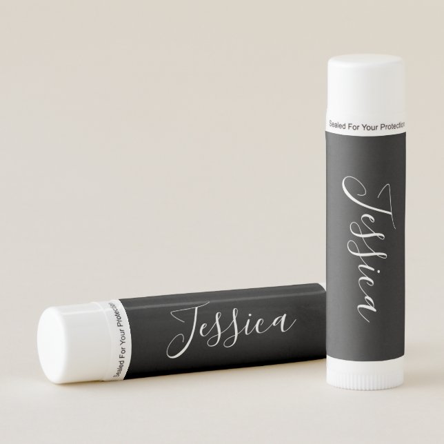 Your Name | Elegant White Script on Black Lip Balm (Front)