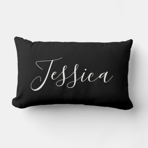 Your Name  Elegant White Script on Black Lumbar Pillow