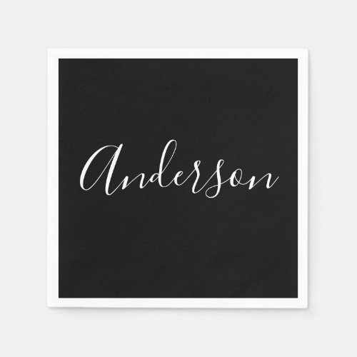 Your Name  Elegant White Script on Black Napkins