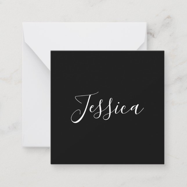 Your Name | Elegant White Script on Black Note Card (Front)