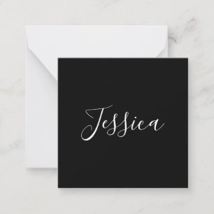 Your Name   Elegant White Script on Black Note Card
