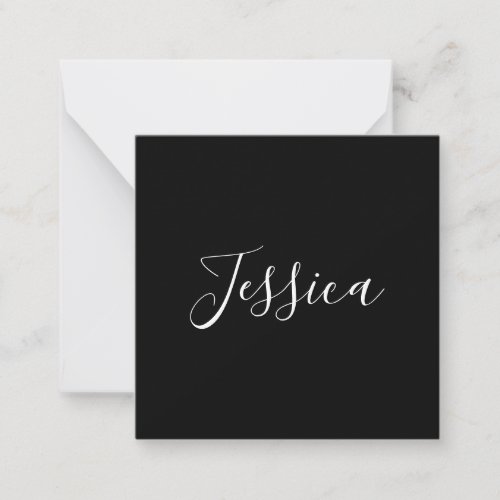 Your Name  Elegant White Script on Black Note Card