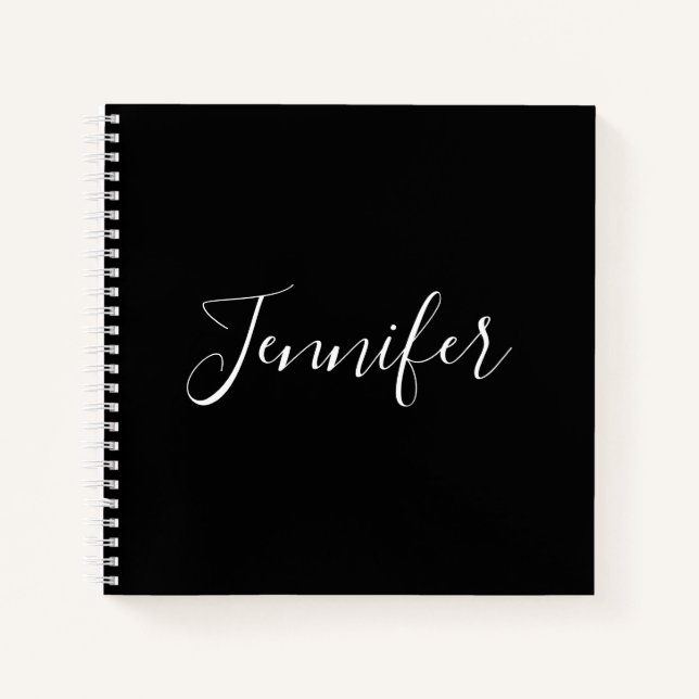 Your Name | Elegant White Script on Black Notebook (Front)