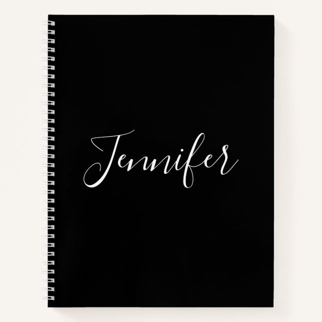 Your Name | Elegant White Script on Black Notebook (Front)
