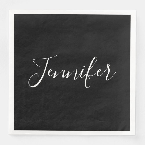 Your Name  Elegant White Script on Black Paper Dinner Napkins