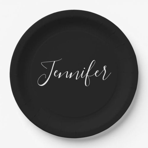 Your Name  Elegant White Script on Black Paper Plates