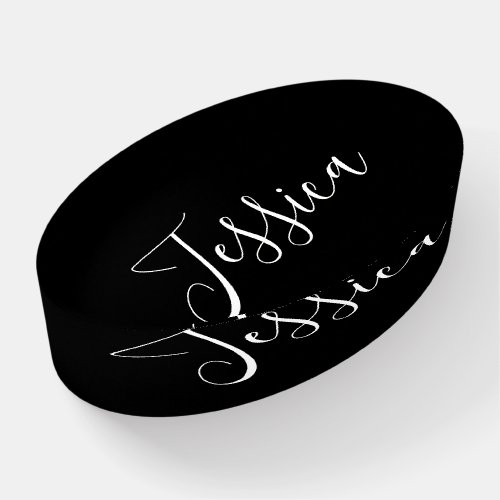 Your Name  Elegant White Script on Black Paperweight