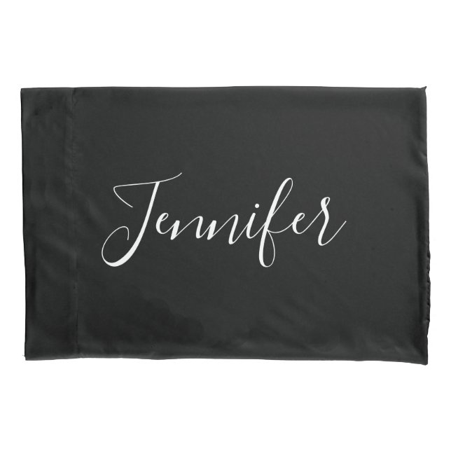 Your Name | Elegant White Script on Black Pillow Case (Front)