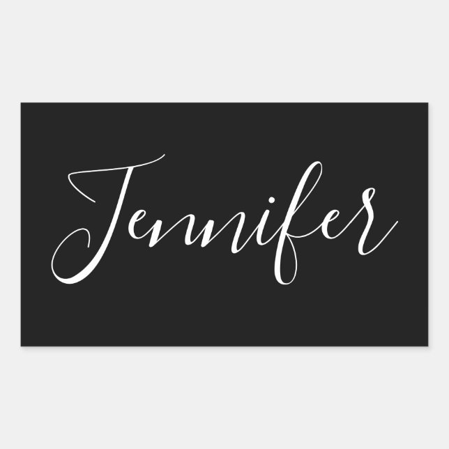 Your Name | Elegant White Script on Black Rectangular Sticker (Front)