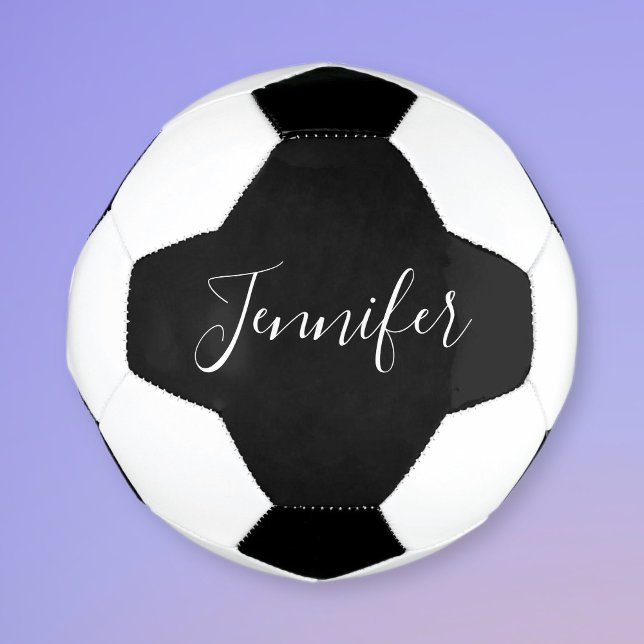 Your Name | Elegant White Script on Black Soccer Ball (Creator Uploaded)