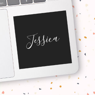 Your Name Elegant White Script on Black Sticker