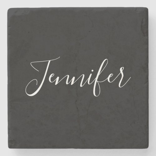 Your Name  Elegant White Script on Black Stone Coaster