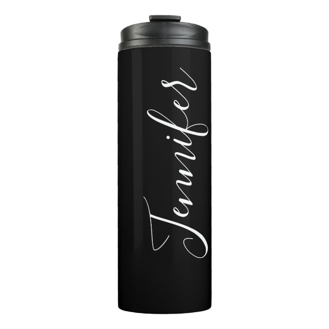 Your Name | Elegant White Script on Black Thermal Tumbler (Front)