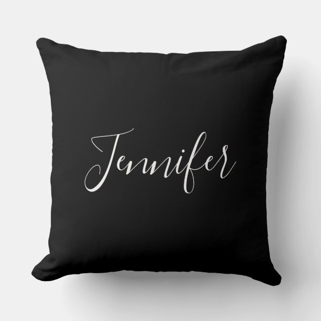 Your Name | Elegant White Script on Black Throw Pillow (Front)