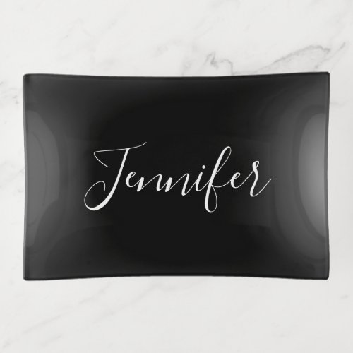 Your Name  Elegant White Script on Black Trinket Tray